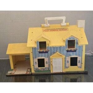 Vtg 1970s Fisher Price Yellow Play Family House #952 W/ACCESSORIES Doorbell Car